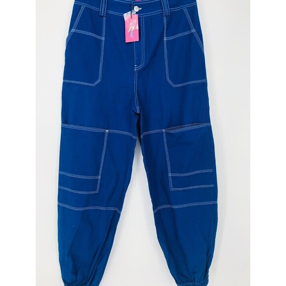 EDIKTED Royal Blue Cargo Pants 100% Cotton Baggy Lightweight Juniors Size L New‎ - Picture 2 of 16